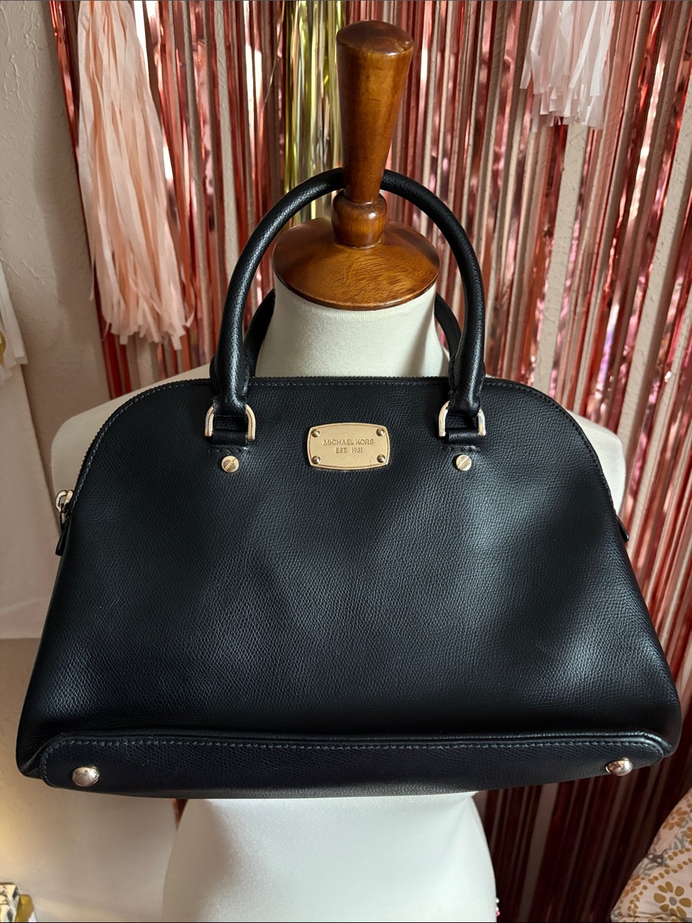 Michael Kors Black Pebbled Leather Dome Satchel with Gold Hardware